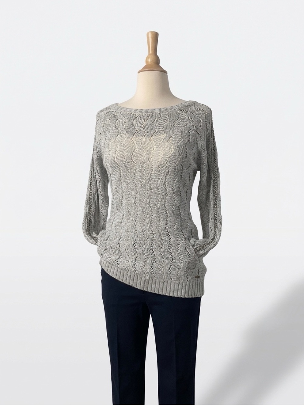 GUESS Grey Cable Knit Sweater with Chain Sleeve Detail – Small